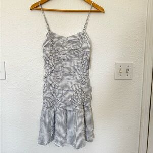 NWT SO Blue and White Striped Ruched Ruffle Hem Spaghetti-Strap Mini Dress